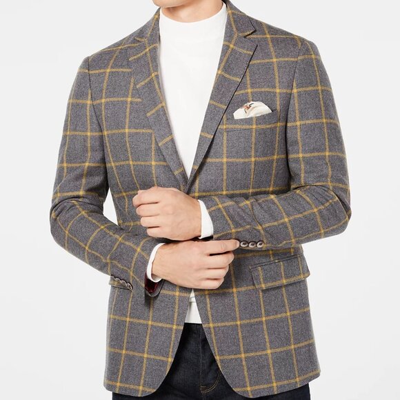 TALLIA Men's Slim Fit Gray Yellow Window Pane Wool Sport Coat | 44L - Picture 5 of 9
